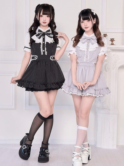 Jirai Kei Black Set: Short Sleeves Dress with Self-tie Back Straps and Shorts Striped