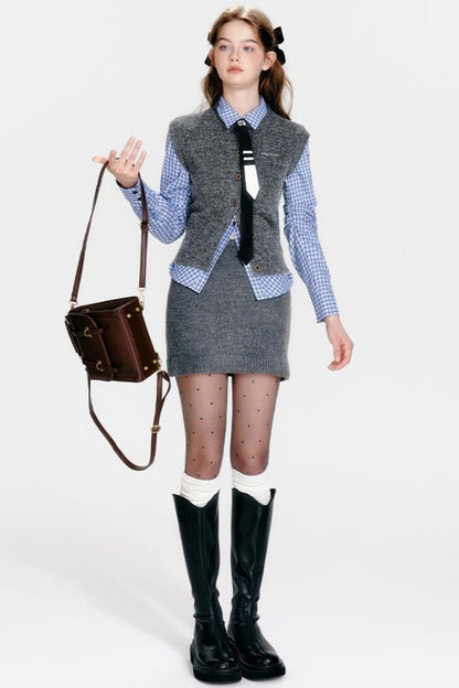 ベストジップニット+スカートシックカーディガンタイト