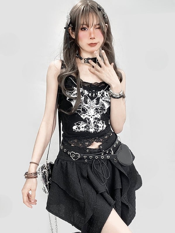 Schwarzes Camisole mit Fledermaus-Print und Spitzenbesatz