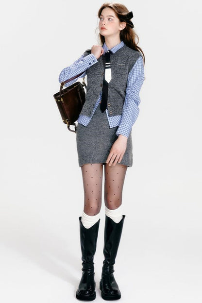 ベストジップニット+スカートシックカーディガンタイト