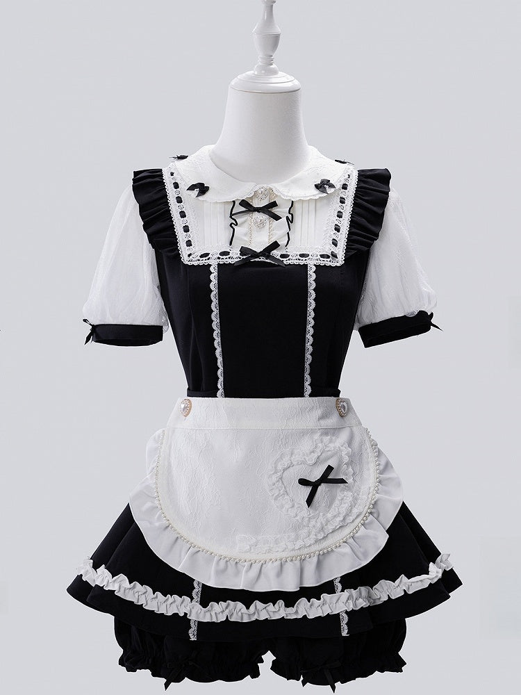 Jirai-kei Maid 4-Piece Set: Dress, Wrist Cuffs, Bloomers, Apron - Fluffy Heart