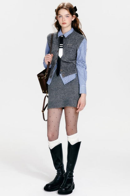 ベストジップニット+スカートシックカーディガンタイト