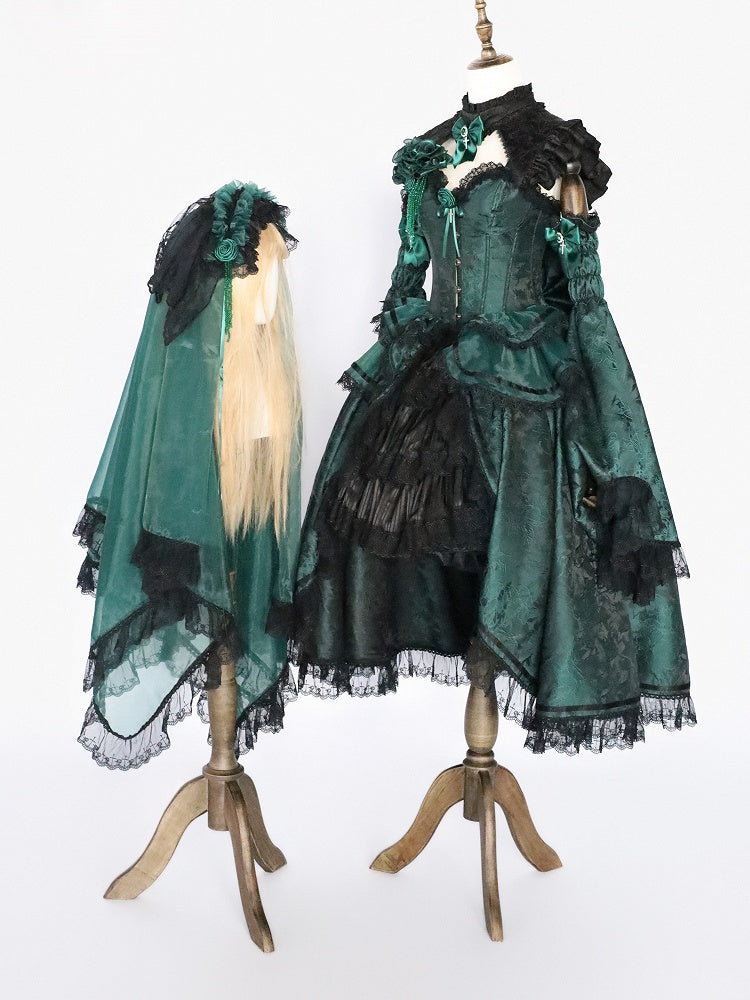 Black and Green Gothic Lolita Boned Corset Top Full Set with Skirt, Collar, Bell Sleeves & Accessories - Somnium Isle