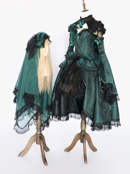 Black and Green Gothic Lolita Boned Corset Top Full Set with Skirt, Collar, Bell Sleeves & Accessories - Somnium Isle
