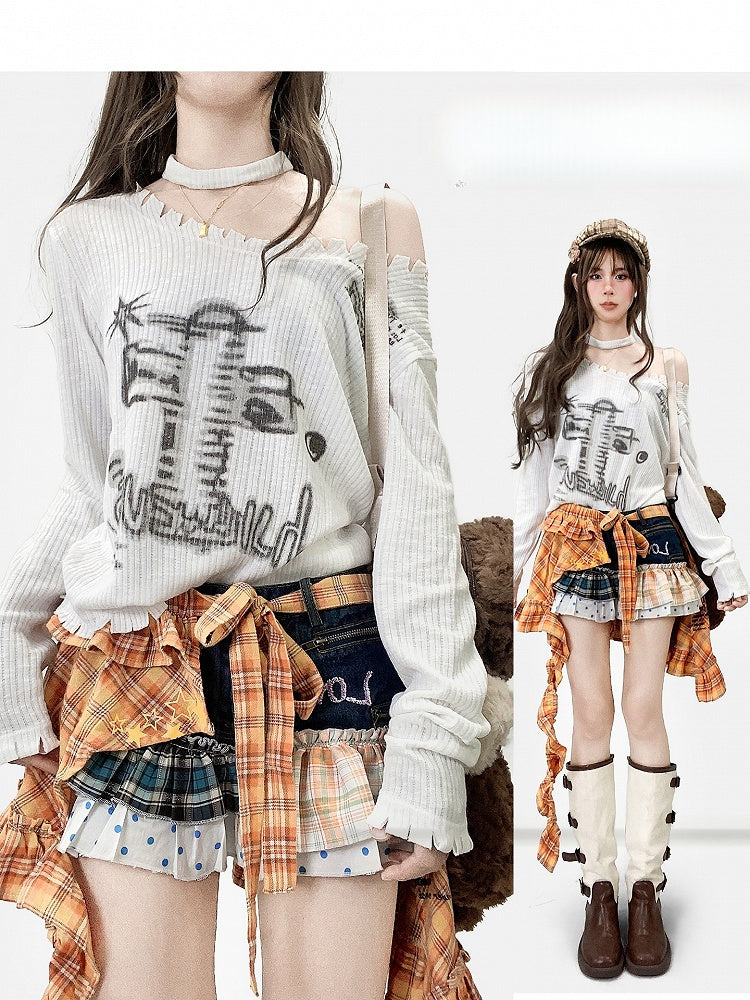 White Y2K Top Sleeves Design Asymmetrical Long Print Neckline +