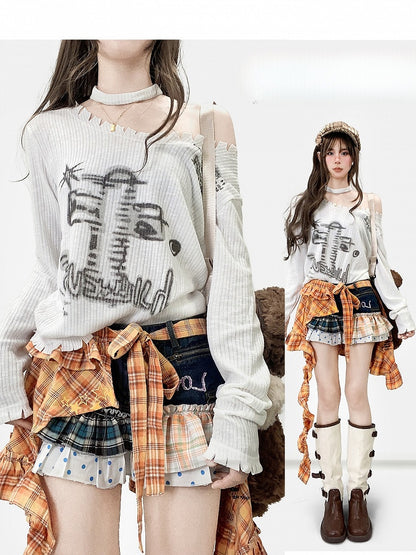 Weißes Y2K-Top mit Ärmeln, asymmetrischer langer Print-Ausschnitt +