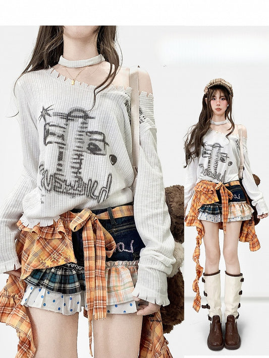 Weißes Y2K-Top mit Ärmeln, asymmetrischer langer Print-Ausschnitt +