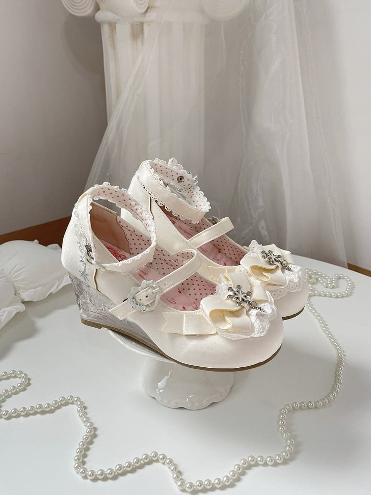 Elegant White Slope Heel Lolita Shoes with Lace and Bow - Vintage Sweetheart