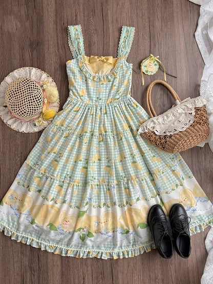 Gingham Print Skirt Dress and Green Lemon Lolita Jumper Chick