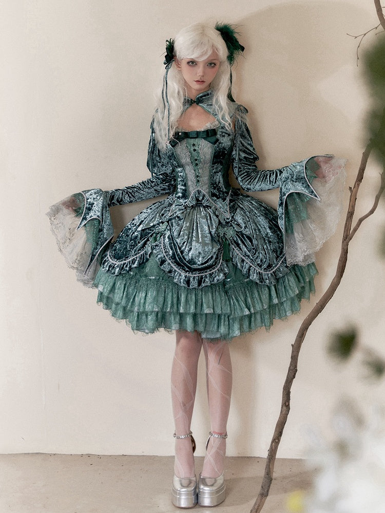 グリーンゴシックロリータベルベットタッセルノットボタンドローストリングスカート