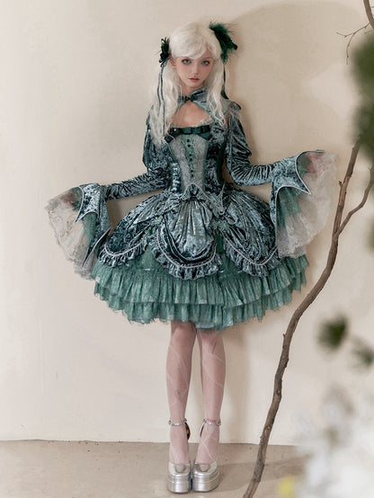 グリーンゴシックロリータベルベットタッセルノットボタンドローストリングスカート