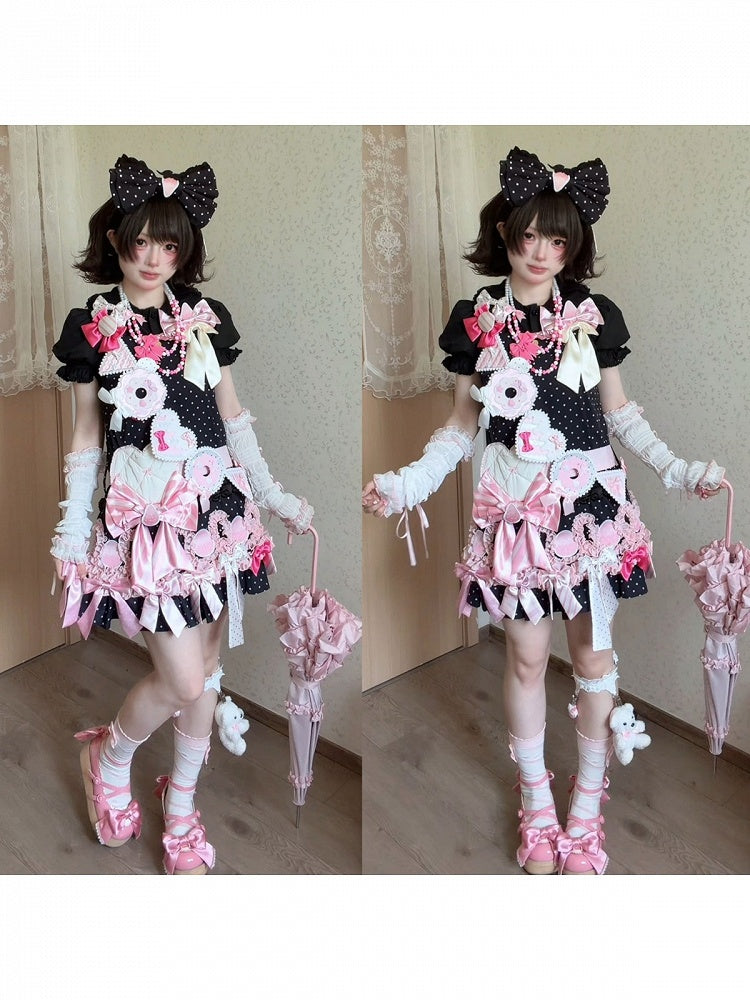 Polka Dot Bow Headpiece in Pink and Black - sedef
