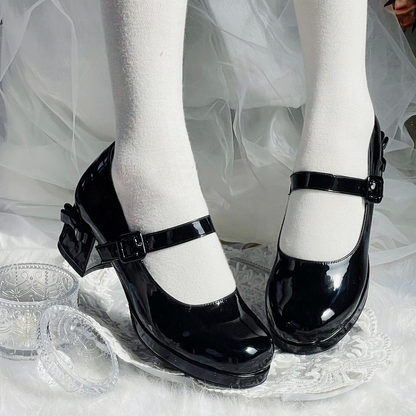 Black Bowknot Buckle Strap Block Heel Lolita Mary Janes