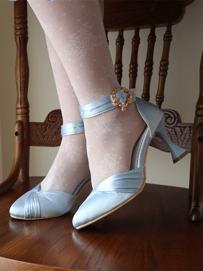 Heels Blue Toe Accent Satin Light Elegant Buckle Pointed Heart Lolita High Bow