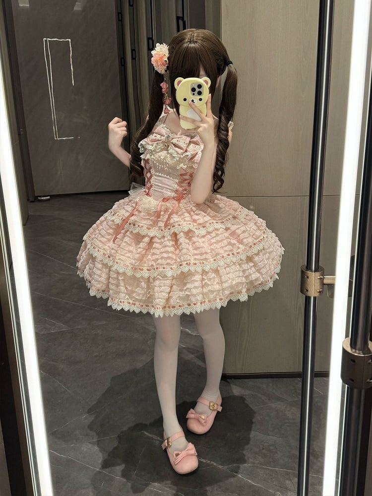 Chain Details JSK Bow Lace-up Dress Bead with Lolita Pink Accent