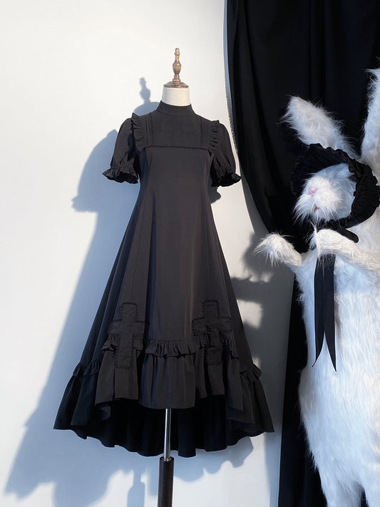Black Gothic Lolita High-Low Ruffled Dress with Cross Patches - Blossom Herald