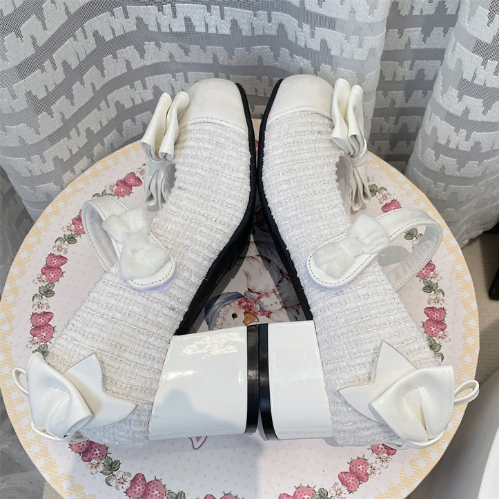 ホワイトのリボン結びラウンドトゥ 5.5cm ブロックヒール ロリータ メリージェーン