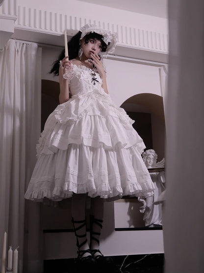 Decoration and Gothic White Heart-shaped Long Dress with Bowknots JSK Lolita Version Ruffled