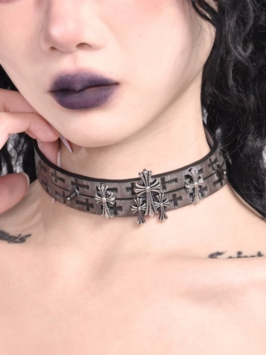 Light Brown Dark Gothic Cross PU Choker