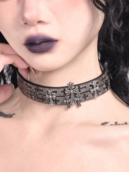 Light Brown Dark Gothic Cross PU Choker