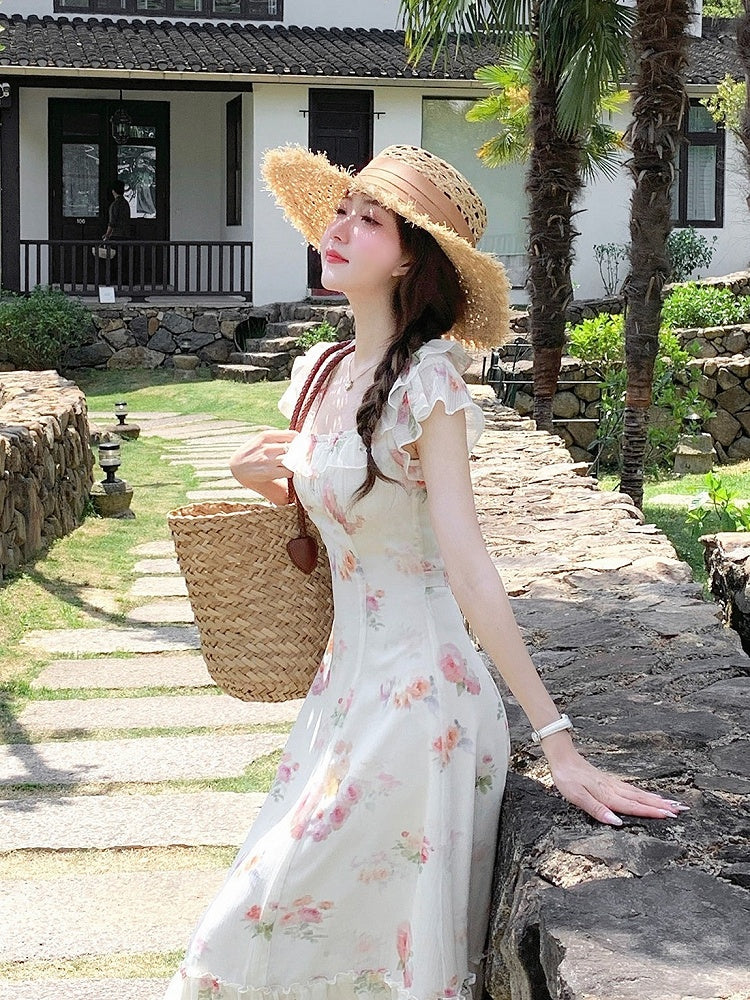 Apricot Summer Vacation Dress with Floral Pattern - Qchiwawameme