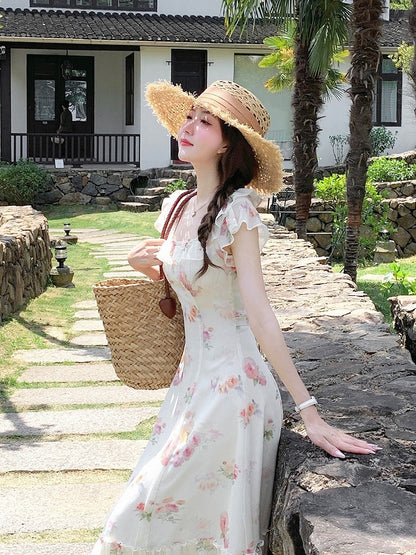 Apricot Summer Vacation Dress with Floral Pattern - Qchiwawameme