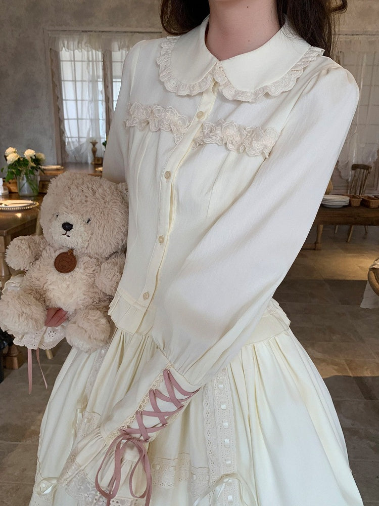 Lace-up Cuff Long Sleeve Blouse Lace Bow - Lan Jian Chuan