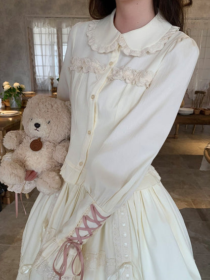 Lace-up Cuff Long Sleeve Blouse Lace Bow - Lan Jian Chuan
