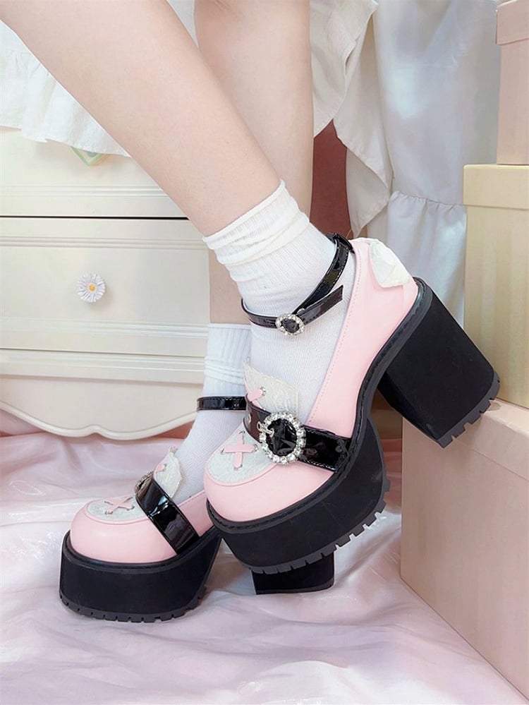 Kei Style Heels Shoes Black Jirai and Pink Landmine Chunky Platform