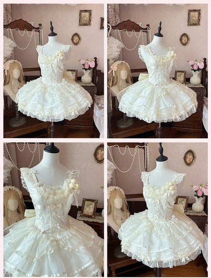 Beigefarbenes JSK-Kleid mit Flatterärmeln und Schleifen auf süßem, bauschigem Balletcore-Lolita-Mieder