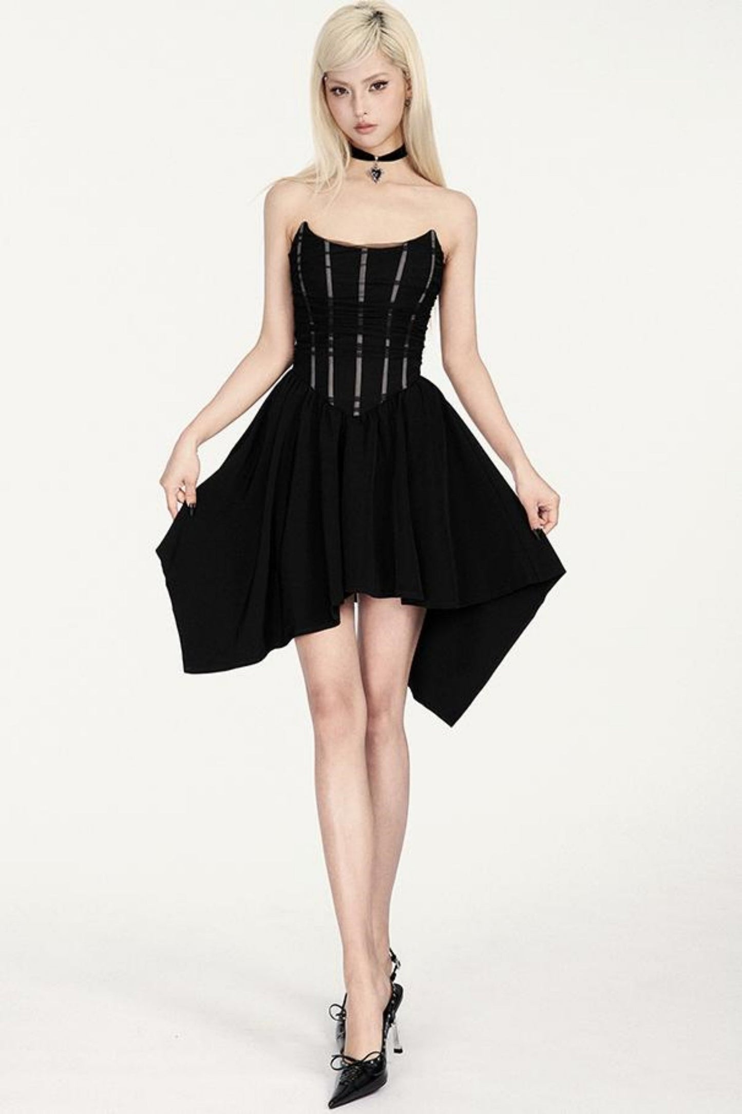 Mesh-Splice-Kleid Schwarz