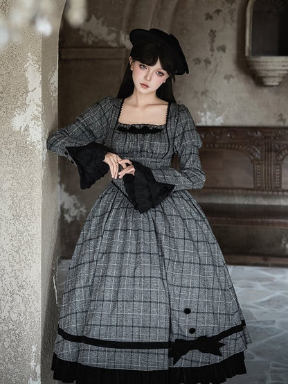 Dress Lolita and Bow Gray Elegant Hat + Plaid Boned Set Basque Black Waist Detachable