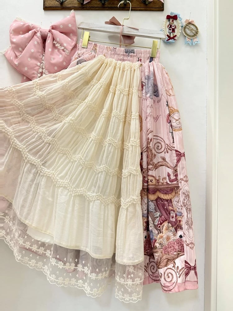 Rose Alice in Wonderland Theme Print Sweet Skirt with Back Layered Ruffle - Forest Fairy Tales