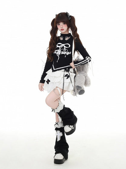 プリントカットアウト、蝶結び、カーブヘム、レッド/ブラック、モックウィングシェイプ、ヴィンテージネック