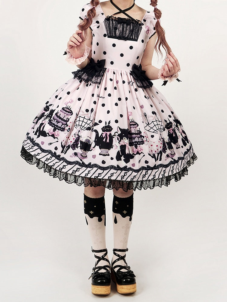 Lolita Black Dress Dot with Sweet Cat Polka Pink Accents Print Bow