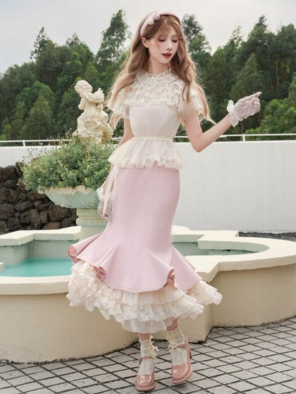 Bluse Rüschenkleid Stufen Meerjungfrau Slip Saum Beige + Pink