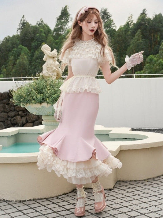 ブラウス フリル ドレス ティアード マーメイド スリップ ヘムライン ベージュ+ピンク