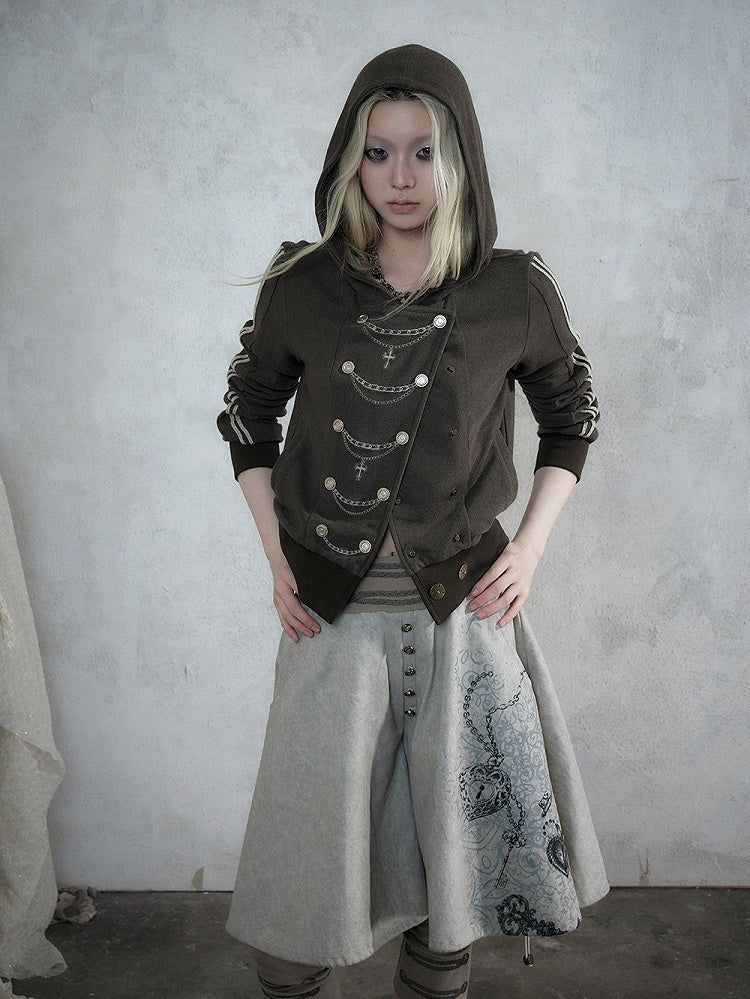 Khaki Green Double-Breasted Hooded Jacket with Chain Embroidery Details, Punk Fashion - NO ROMANCE