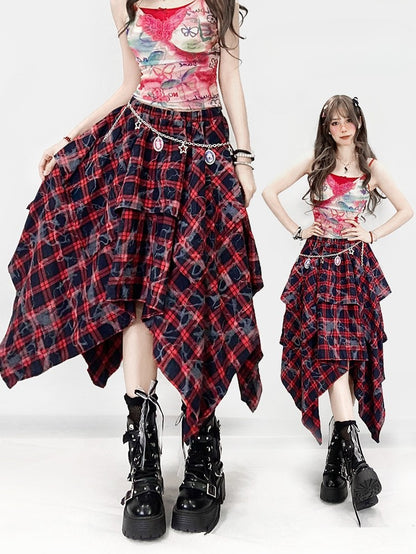 Y2K Hem BlackRed Plaid Pattern Skirt Handkerchief