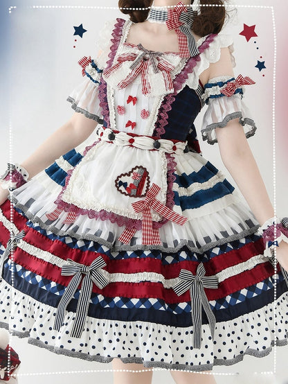 Lolita Rote Schleife Kuchen Akzente Stufen und Blaues Kleid Dunkler Rock Blaubeere Süß