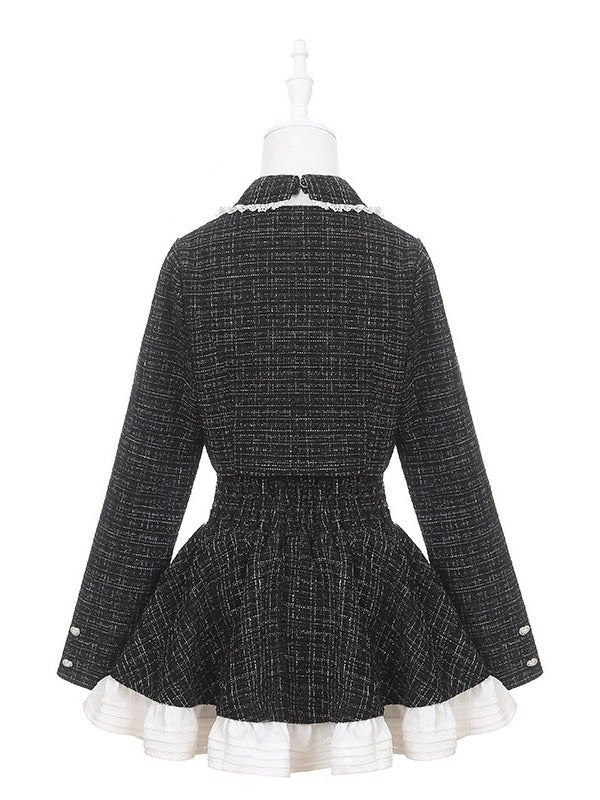 Black Jirai Kei Tweed Top with Chest Cutout, Lace & Bow Details for Fall/Winter - Puppet Bombs