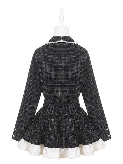 Black Jirai Kei Tweed Top with Chest Cutout, Lace & Bow Details for Fall/Winter - Puppet Bombs