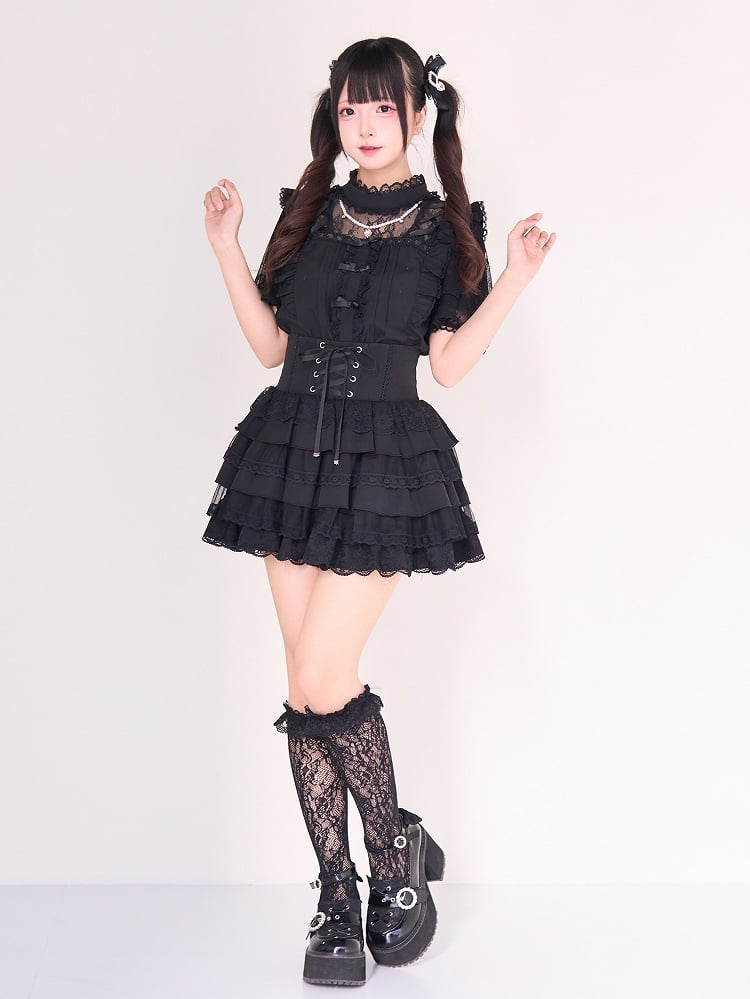 Black Neckline with Beaded Style Chain Details Illusion Criss-cross Jirai Kei Blouse