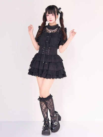 Black Neckline with Beaded Style Chain Details Illusion Criss-cross Jirai Kei Blouse