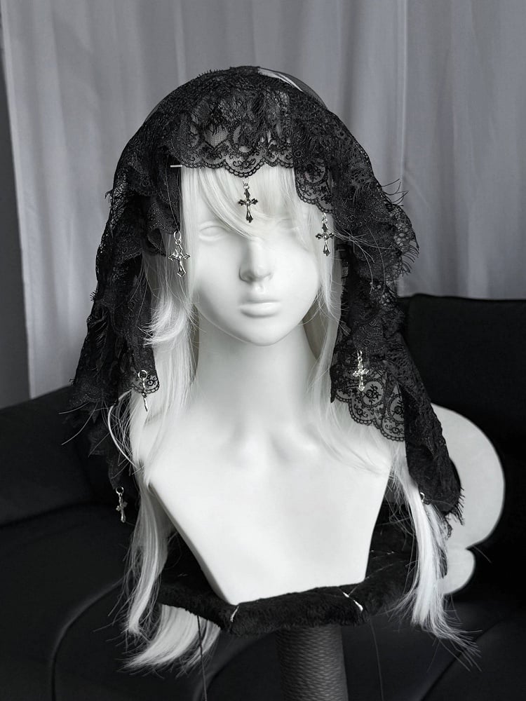 with Lace Gothic Black/White Cross Veil Lolita Charms