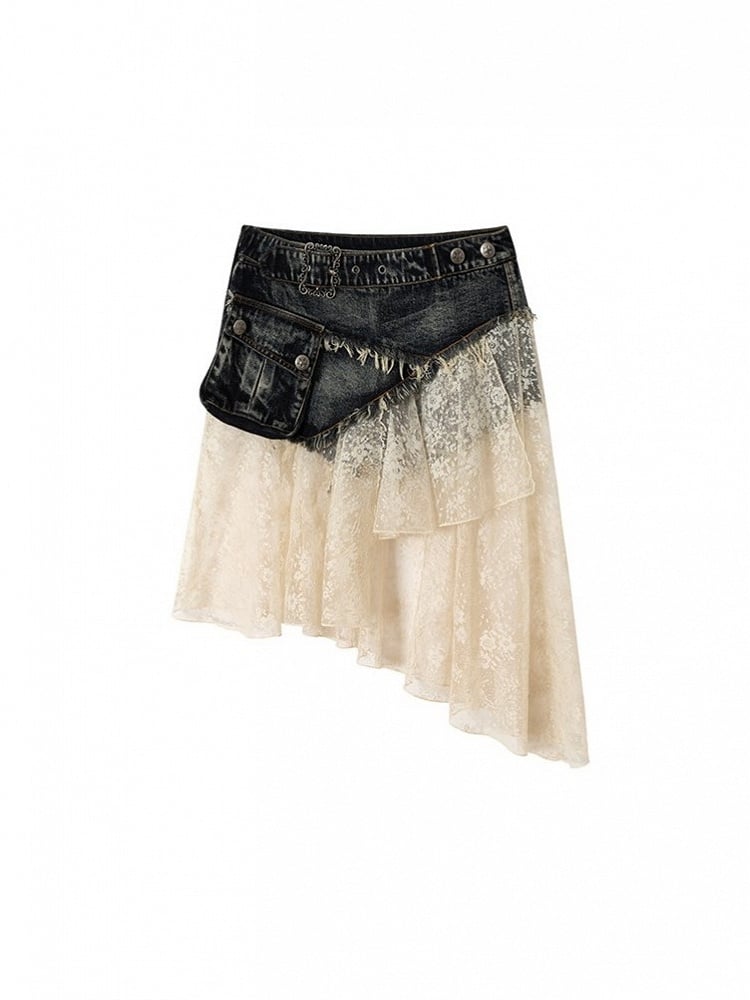 Punk Belt Distressed Adjustable with Hem Blue Denim Lace Asymmetric Skirt