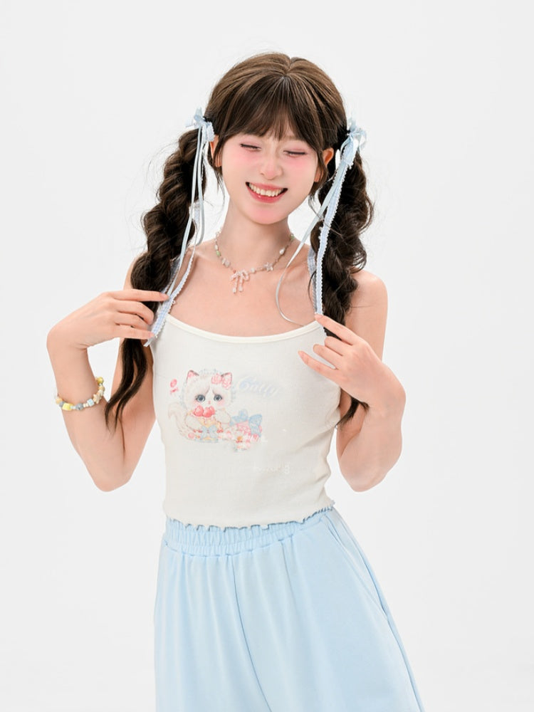 裾ホワイトスクープネックライン キャットプリント レタスキャミトップ