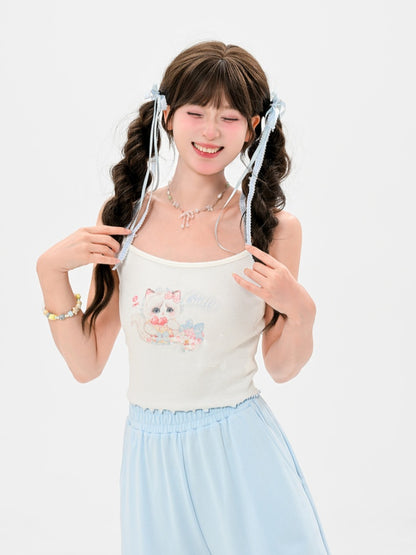 裾ホワイトスクープネックライン キャットプリント レタスキャミトップ