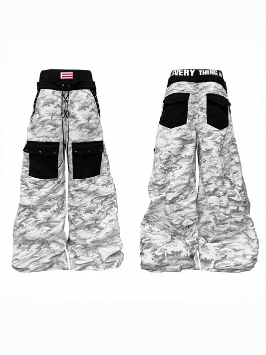 Unisex White Camouflage Wide-Leg Pants with Double Waistband and 3D Pockets - DETW OnLine