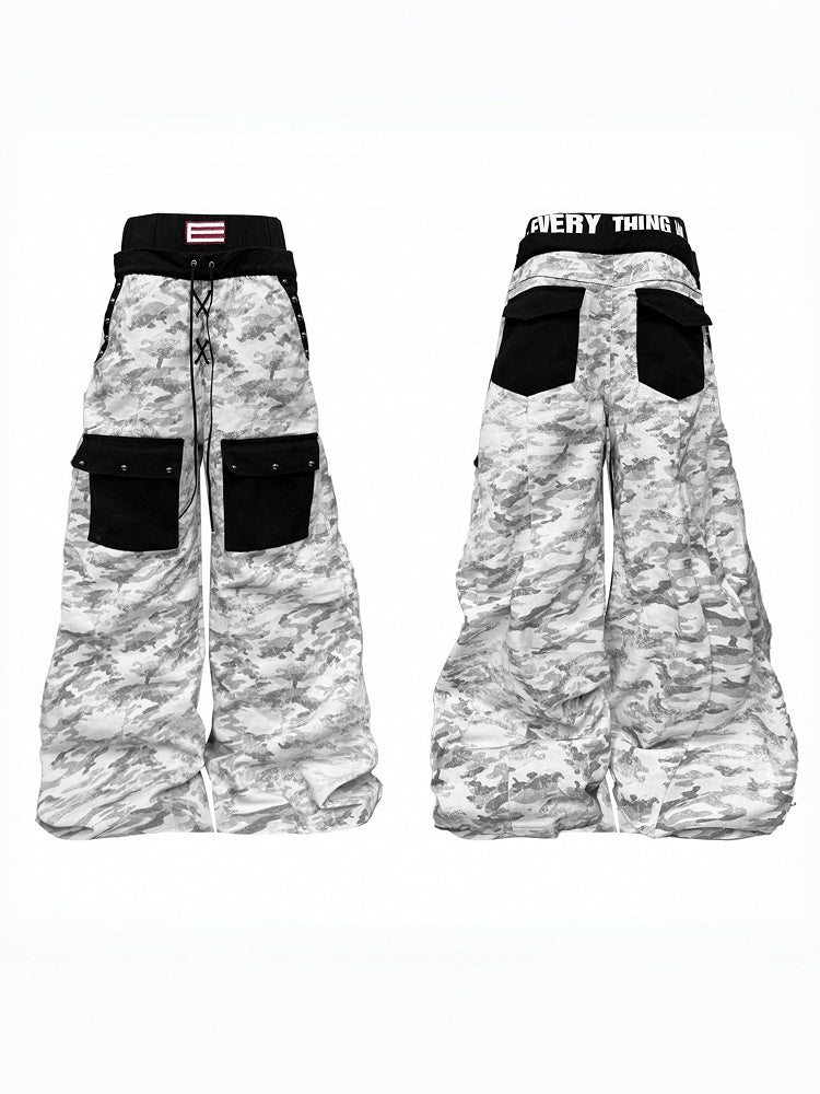 Camouflage Wide-Leg Pants with Double Waistband and Pockets - DETW OnLine